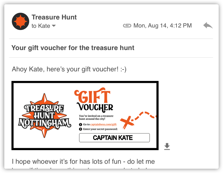 A screenshot of an email containing a digital gift voucher for Treasure Hunt Nottingham.