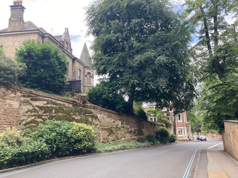 A private road, lined with trees with a stone wall and bank leading up to a turreted house